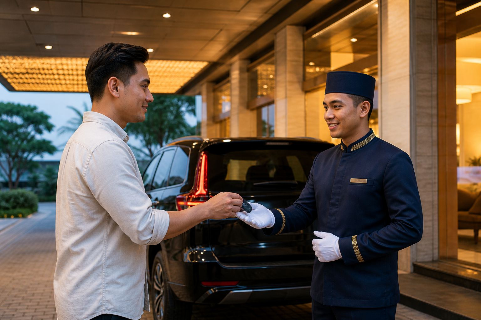 Petugas valet menerima kunci mobil dari tamu di pintu masuk